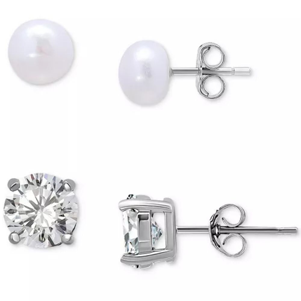 2-Pc. Set Cultured Freshwater Pearl (7mm) & Cubic Zirconia Stud Earrings in SS